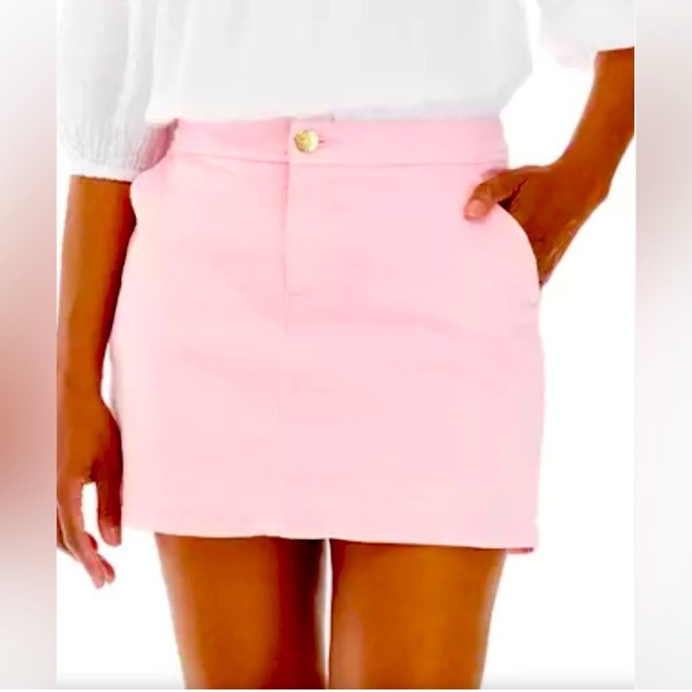 Lilly Pulitzer Womens Rousseau Pink Denim Button Zip Fly Mini Skort EUC 00 #1891 - Picture 2 of 11